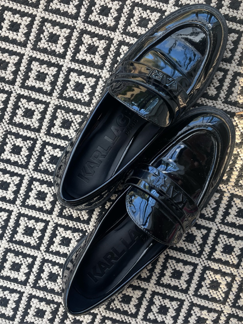 Karl Lagerfeld Black Patent Leather Penny Loafers for women size 7